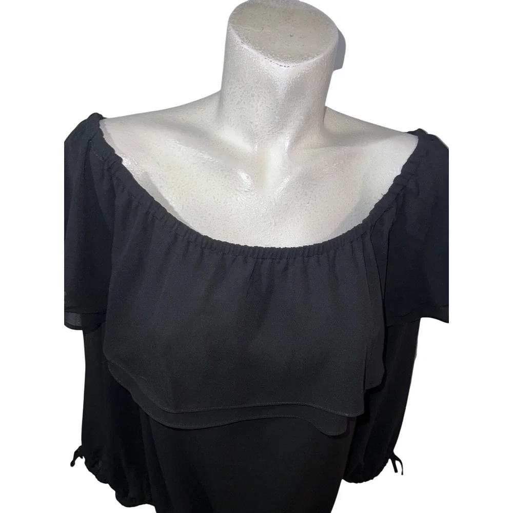 Michael Kors Black Off the Shoulder Ruffle Blouse Long Sleeve Elastic Hem Top 1X